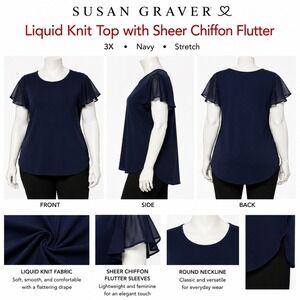 Susan Graver Navy Liquid Knit Tunic Top Chiffon Flutter‎ Sleeve 3X A262999 NEW